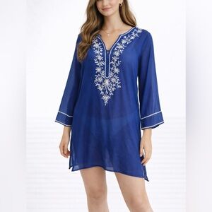 Club Z Collection Deep Blue Embroidered Sheer Tunic Swim Cover Boho Top XL